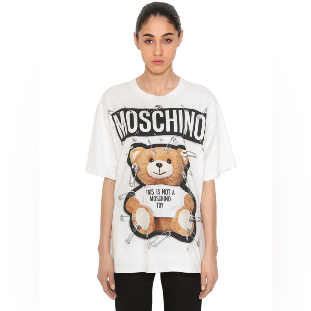 Moschino Women's White Safety Pin Bear Cotton Jersey T-shirt